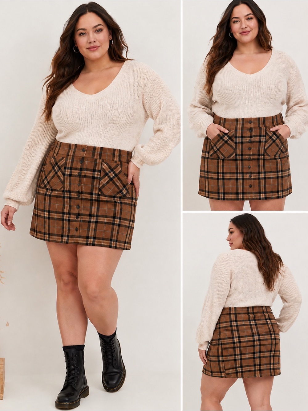 Torrid Brown Plaid Corduroy Button Front Mini Skirt Size 1 Plus
